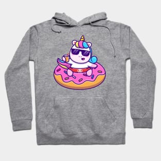 Cute Unicorn Swimming With Donut Balloon And Holding Juice Hoodie